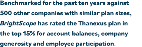 Benchmarked for the past ten years against 500 other companies with similar plan sizes, BrightScope has rated the Tha   