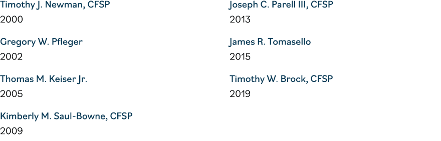 Timothy J  Newman, CFSP 2000 Gregory W  Pfleger 2002 Thomas M  Keiser Jr  2005 Kimberly M  Saul-Bowne, CFSP 2009        