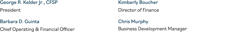 George R  Kelder Jr , CFSP President Barbara D  Guinta Chief Operating & Financial Officer Kimberly Boucher Director    
