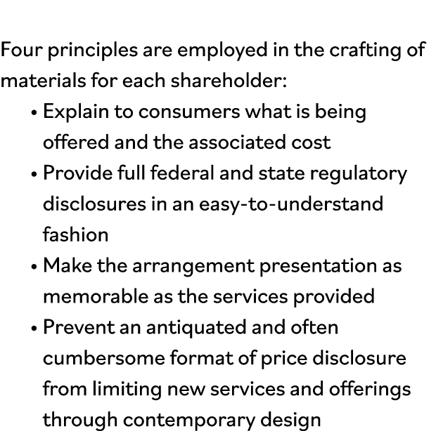 Four principles are employed in the crafting of materials for each shareholder:    Explain to consumers what is being   